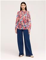Finery London Burnout Jersey Floral Tie Neck Blouse Indigo Mix