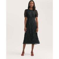 Finery London Floral Lace Puff Sleeve Midi Skater Dress Black
