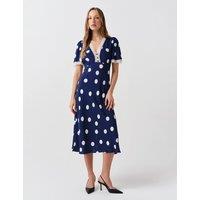 Ghost Crepe Spot Lace V-Neck Midi Tea Dress Navy Mix