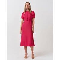 Ghost Crepe Round Neck Midi Waisted Tea Dress Bright Pink