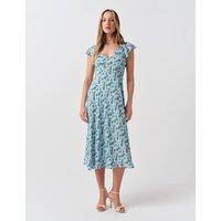 Ghost Crepe Floral V-Neck Midi Tea Dress Blue Mix