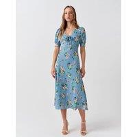 Ghost Crepe Floral V-Neck Midi Tea Dress Blue Mix