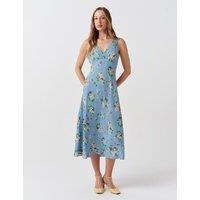 Ghost Crepe Floral V-Neck Pintuck Midi Tea Dress Blue Mix