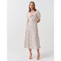 Ghost Crepe Floral V-Neck Midi Tea Dress Ivory Mix