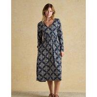 Joules Jersey Geometric V-Neck Midi Skater Dress Navy Mix