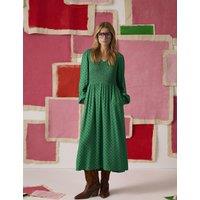 Joules Printed V-Neck Midi Shirred Dress Green Mix