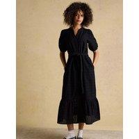 Joules Pure Cotton Broderie V-Neck Midi Shirt Dress Black