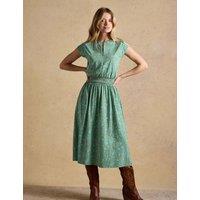 Joules Pure Cotton Floral Midi Shirred Dress Green Mix