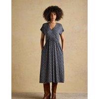 Joules Printed V-Neck Midi Skater Dress Navy Mix