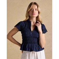 Joules Pure Cotton Broderie High Neck Shirred Blouse Navy
