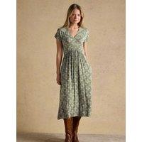 Joules Jersey Geometric V-Neck Midi Skater Dress Khaki Mix