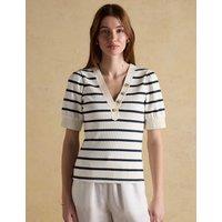 Joules Cotton Rich Ribbed Striped V-Neck Top Navy Mix