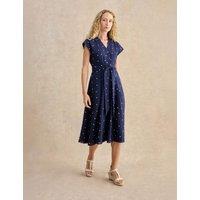 HOBBS Linen Rich Spot Print V-Neck Skater Dress Navy Mix