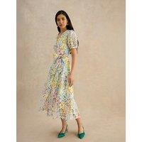 HOBBS Linen Blend Floral Midi Tea Dress White Mix
