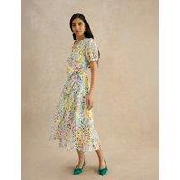 HOBBS Linen Blend Floral Midi Tea Dress White Mix