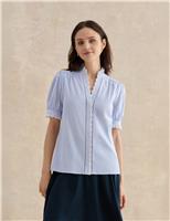 Cotton Blend Striped Broderie Detail Blouse