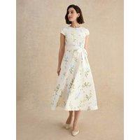 HOBBS Linen Rich Floral Midi Waisted Dress White Mix