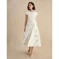HOBBS Linen Rich Floral Midi Waisted Dress White Mix