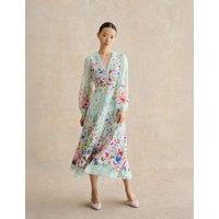 HOBBS Pure Silk Floral Midi Waisted Dress Green Mix