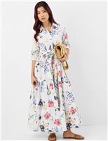 ACCESSORIZE Pure Cotton Floral Belted Maxi Shirt Dress Ivory