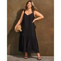 Live Unlimited London Linen Blend Broderie Maxi Swing Dress Black
