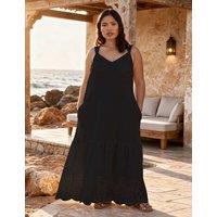 Live Unlimited London Linen Blend Broderie Maxi Swing Dress Black