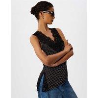Whistles Polka Dot Print V-Neck Lace Detail Top Black Mix