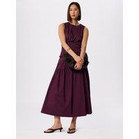 Whistles Pure Cotton Midi Tiered Skirt Plum