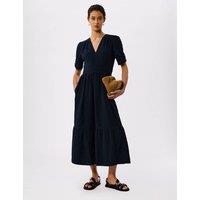 Whistles Pure Cotton Textured V-Neck Midi Relaxed Dress Navy