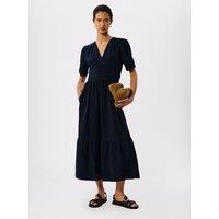 Whistles Pure Cotton Textured V-Neck Midi Relaxed Dress Navy