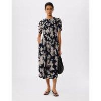Whistles Pure Cotton Printed Midi Shirred Dress Navy Mix