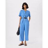 Whistles Pure Linen Belted Cropped Jumpsuit Blue