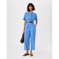 Whistles Pure Linen Belted Cropped Jumpsuit Blue