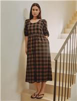 Albaray Cotton Rich Checked Midi Waisted Dress Brown Mix