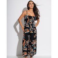 Pour Moi Anna Strapless Shirred Bodice Crop Leg Woven Beach Jumpsuit Black Mix