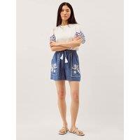 Monsoon Lyocell Denim Embroidered Drawstring Shorts Blue Mix