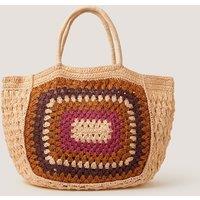 Monsoon Crochet Straw Colour Block Tote Bag Natural