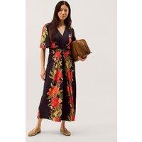 Monsoon Jersey Floral V-Neck Midi Waisted Dress Navy Mix