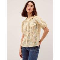 Monsoon Lace Floral Collared Puff Sleeve Blouse Yellow Mix