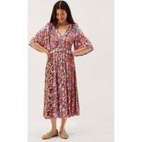 Monsoon Jersey Floral V-Neck Midi Skater Dress Multi