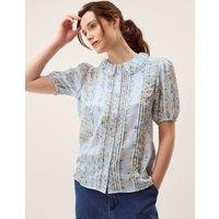 Monsoon Lace Floral Collared Puff Sleeve Blouse Blue Mix