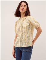 Monsoon Lace Floral Collared Puff Sleeve Blouse Blue Mix
