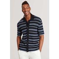 Ted Baker Pure Cotton Striped Short Sleeve Knitted Shirt Navy