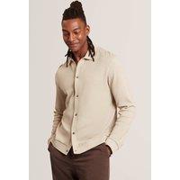 Ted Baker Pure Cotton Knitted Long Sleeve Polo Shirt Taupe
