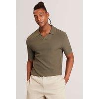 Ted Baker Textured Open Neck Knitted Polo Shirt Khaki