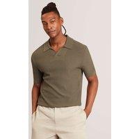 Ted Baker Textured Open Neck Knitted Polo Shirt Khaki