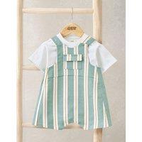 Mamas & Papas 2 Piece Cotton Rich Striped Dungaree Outfit (0-3 Years) Green