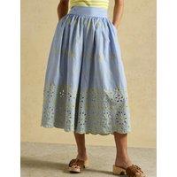 Joules Pure Cotton Broderie Wide Leg Trousers Blue
