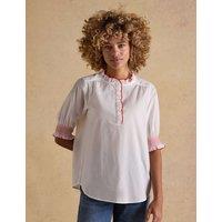 Joules Pure Cotton High Neck Button Through Blouse White