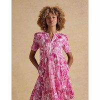 Joules Pure Cotton Printed Midi Tiered Dress Pink Mix